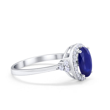 Halo Art Deco Oval Engagement Ring Simulated Blue Sapphire CZ 925 Sterling Silver